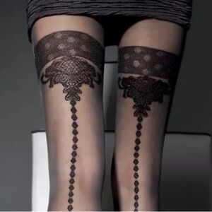 Thigh high garter baroque polka dot backseam stockings black pantyhose lingerie